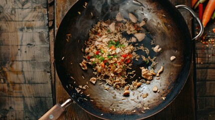 Fried rice with chicken. Prepared and served in a wok. Natural wood in the background. Top view.