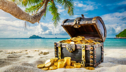 Close-up of an opened pirate treasure chest full of gold coins on a sandy beach of a tropical island. Generative Ai.