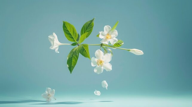 Jasmine bloom. A beautifull white flower of Jasmine falling in the air isolated on blue background. Levitation or zero gravity concept. High resolution image.