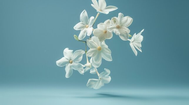 Jasmine bloom. A beautifull white flower of Jasmine falling in the air isolated on blue background. Levitation or zero gravity concept. High resolution image.