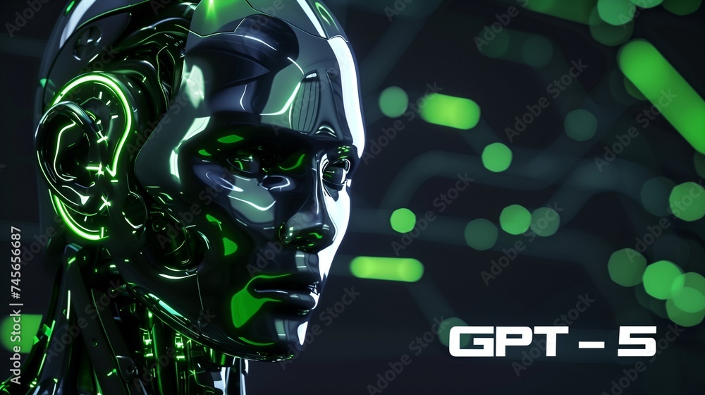 Poster a futuristic representation of chat gpt 5 concept featuring a glossy humanoid robot head illuminated