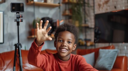 Portrait of smiling African-American boy waving at camera while holding selfie stick and video blogging from home, copy space - obrazy, fototapety, plakaty