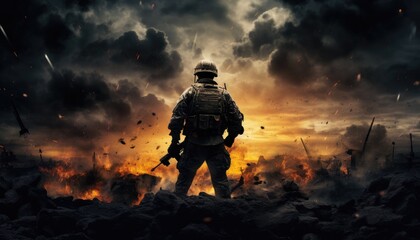 Soldier in a dark and dramatic scene