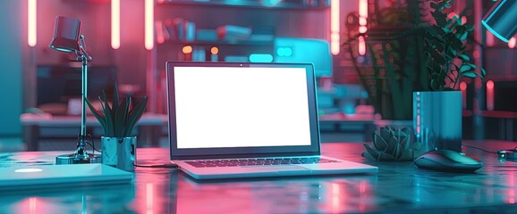 digital tech business laptop set up with light & blue background mockup