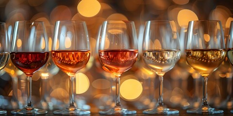 Rows of polished wine glasses arranged for tasting elegant and inviting ambiance. Concept Wine Tasting Ambiance, Elegant Setting, Polished Glassware