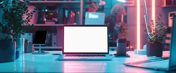 digital tech business laptop set up with light & blue background mockup