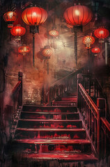 chinese lantern in the night, generative ai - obrazy, fototapety, plakaty