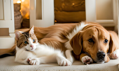 Playful cats and dogs sharing cozy spaces, radiating love and companionship in delightful, heartwarming moments