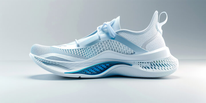Sneakers, design or sport shoes on a white backdrop for gym workout, fitness and running. Modern design, futuristic and shoe technology for tracking heart rate, pulse and advertisement mockup