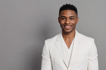 Handsome black man in a white suit is smiling and looking at the camera isolated on a grey background with copy space.
