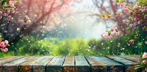 Spring Garden Serenity - Blossoms on Wooden Table with Defocused Bokeh Lights and Flare. Made with Generative AI Technology