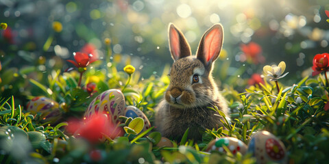 A bunny sits among colorful easter eggs in a flower garden. Cute rabbit in peonies field, 

