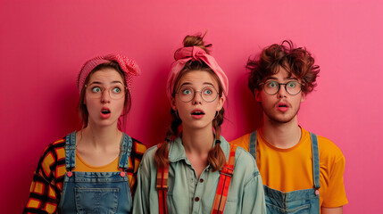 Three friends with shocked facial expressions, isolated on a pink background. young people stand...