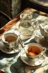 cup of tea and teapot on table