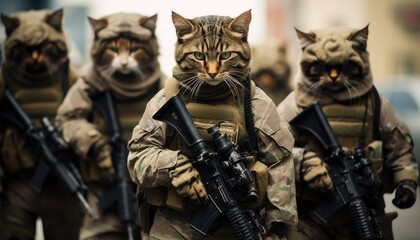 Special forces cat wearing military dress with full tactical - obrazy, fototapety, plakaty