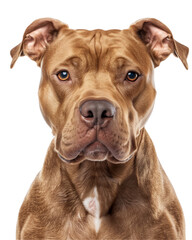 Pet, Pitbull dog, sits in full face, looks into the camera lens. PNG