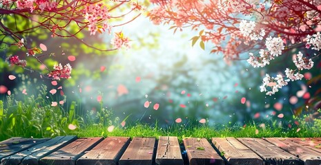 Naklejka na ściany i meble Spring Garden Serenity - Blossoms on Wooden Table with Defocused Bokeh Lights and Flare. Made with Generative AI Technology