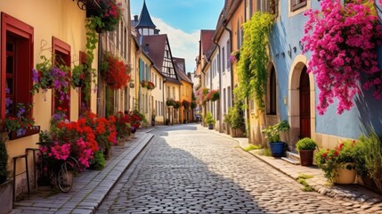 Fototapeta na wymiar Colorful buildings and flowers on European street