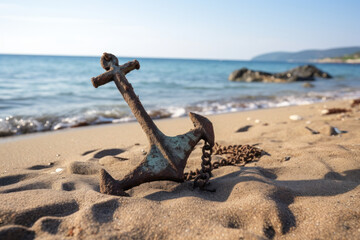 Old anchor embedded in sandy beach