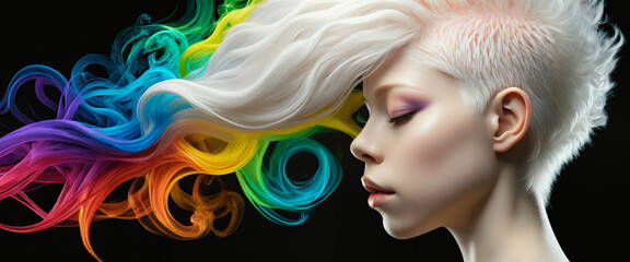 Portrait of an albino girl with colorful hair - obrazy, fototapety, plakaty