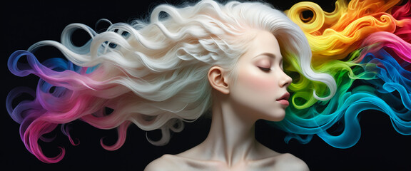 Portrait of an albino girl with colorful hair - obrazy, fototapety, plakaty
