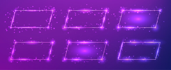 Set of six neon frames with shining effects and sparkles