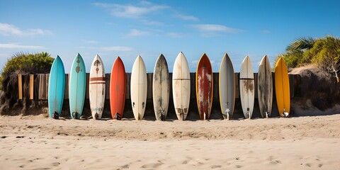 Surfboards in a Row by Beach Shack on a Sunny Day. Concept Beach Photography, Surfboards Display, Sunny Day Theme, Exterior Design, Tropical Vibes