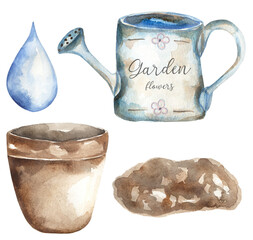 Gardening Clipart, Watercolor vintage Planting time clip art, watering can and soil with pot illustration © MayaNavits