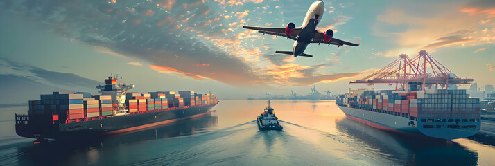 Cargo plane flying over a container ship in an international import and export logistics port. Air and sea cargo transportation - obrazy, fototapety, plakaty