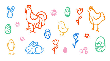 Easter doodle with colourful rabbits, chickens, eggs, and flowers on white background. Hand-drawn children style illustration for spring holiday design and greeting cards.