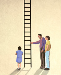 Illustration of parents holding ladder in front of small daughter