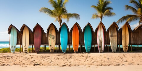 Vibrant surfboards lined up by rustic beach shack under sunny skies. Concept Beach Vibes, Surfing Culture, Sunny Day, Colorful Surfboards, Rustic Beach Shack