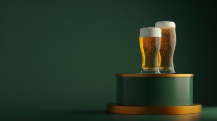 A glass of beer on a podium on a green background. Yellow liquid with bubbles and foam in a glass. - obrazy, fototapety, plakaty