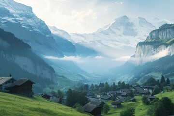 View on the alpine valley Grindelwald. Jungfrau, Switzerland. Under the Bernese alps. Mountain village. - obrazy, fototapety, plakaty