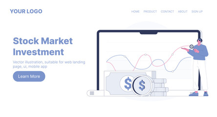 Stock Market Investment. Web Landing Page Design. Flat Cartoon Vector Illustration. Vector illustration, suitable for web landing page, ui, mobile app