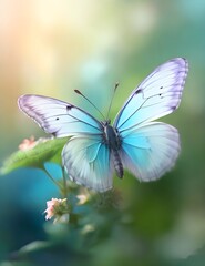 Fototapeta na wymiar Beauty in nature. Tranquil closeup of butterfly, soft morning sunlight pastel colors. Peaceful bright blue green blur lush foliage. Sunset abstract macro spring nature amazing artistic natural Generat