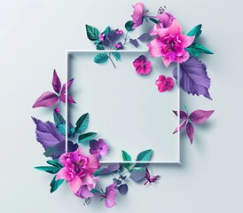 an empty white frame with pink and purple flowers and green leaves