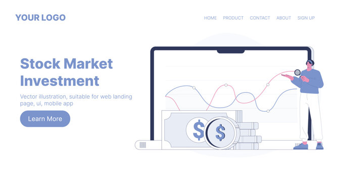 Stock Market Investment. Web Landing Page Design. Flat Cartoon Vector Illustration. Vector illustration, suitable for web landing page, ui, mobile app