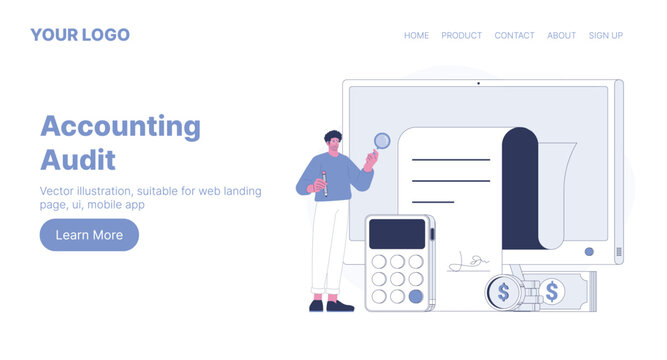 Accounting Audit. Web Landing Page Design. Flat Cartoon Vector Illustration. Vector illustration, suitable for web landing page, ui, mobile app