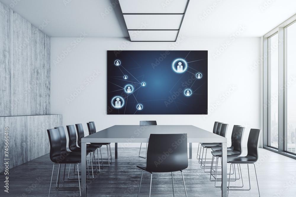 Aufkleber Social network media concept on tv display in a modern presentation room. 3D Rendering