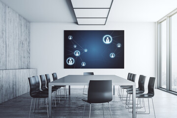 Social network media concept on tv display in a modern presentation room. 3D Rendering