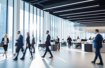 Bright business workplace with people in walking in blurred motion in modern office space.