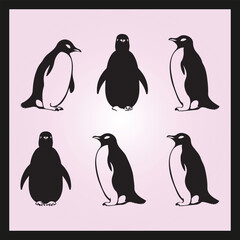 Penguin silhouette set Clipart on a hex color background