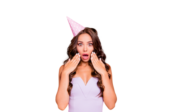 Leisure, lifestyle concept. Close up portrait of beautiful, attractive, pretty, dreamy curly brunette hold palms near face, with big eyed and wide open mouth isolated on pastel pink background