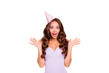 Portrait of adorable, good-looking, magnificent, elegant, fancy, graceful funky brunette stand isolated on bright pink background hold open palms, mouth and make big eyed, wow face