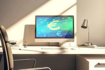 Creative EURO symbols illustration on modern computer monitor, forex and currency concept. 3D Rendering