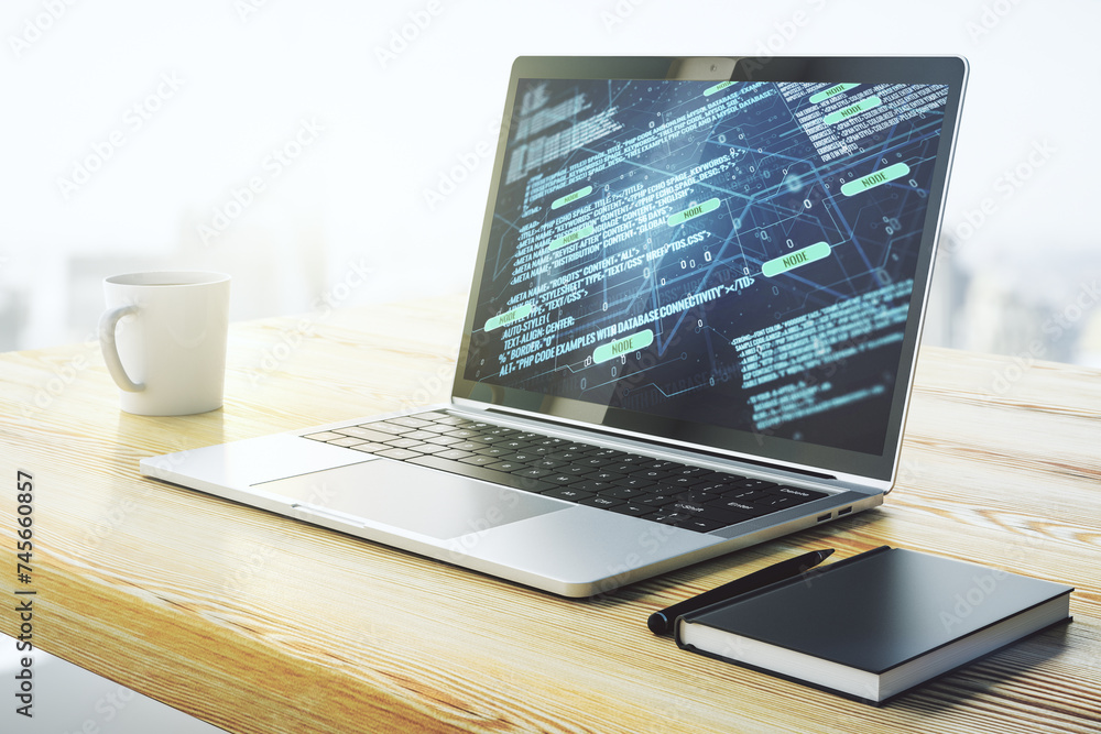 Leinwandbilder computer monitor with abstract creative programming illustration, big data and blockchain concept. 3