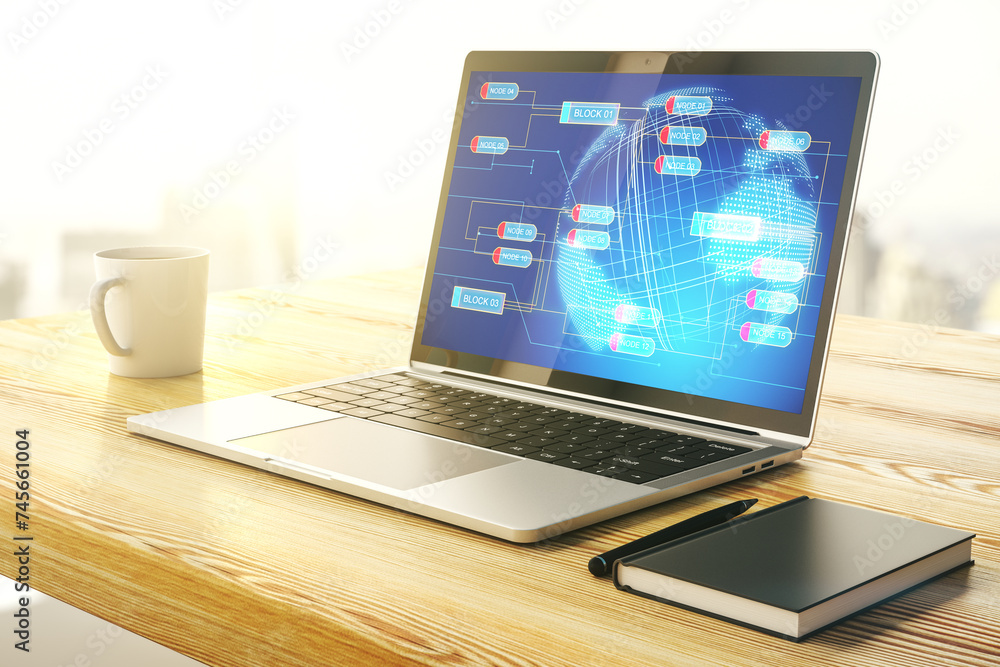 Poster Modern computer display with abstract software development hologram and world map, global research and analytics concept. 3D Rendering