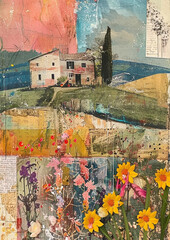 mix media spring  landscape themed  collage background
- 745661022