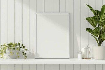 White frame leaning on white shelf in bright interior on empty wall background